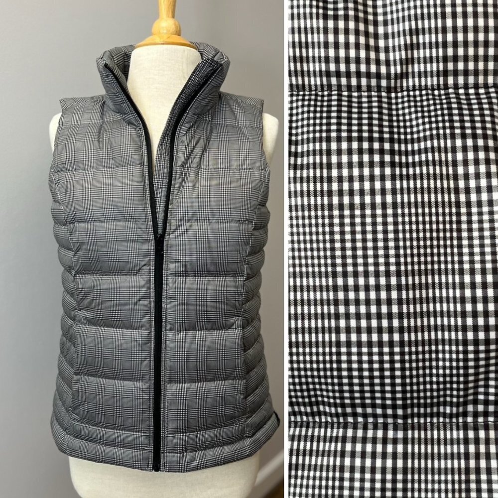 NEW Lands End Black White Check Down Puffer Vest Sz S